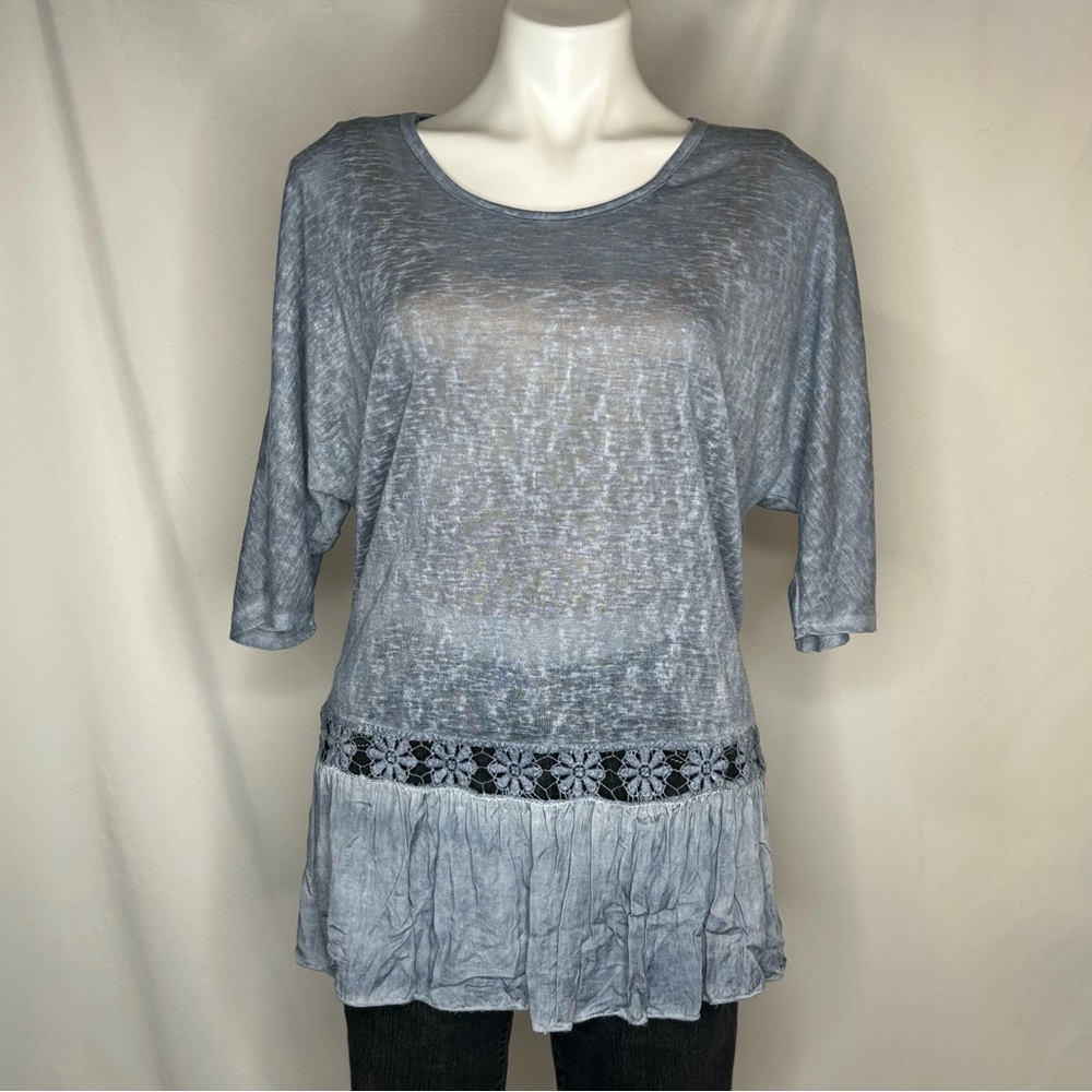 Elena Baldi Women’s Slate Gray Top with Lace Trim, Small
